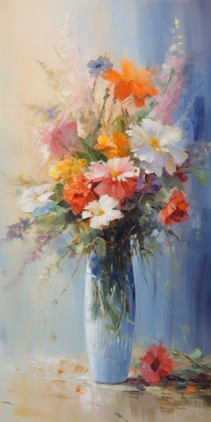 油画静物写生，花卉插花在花瓶里，在室内桌上。
