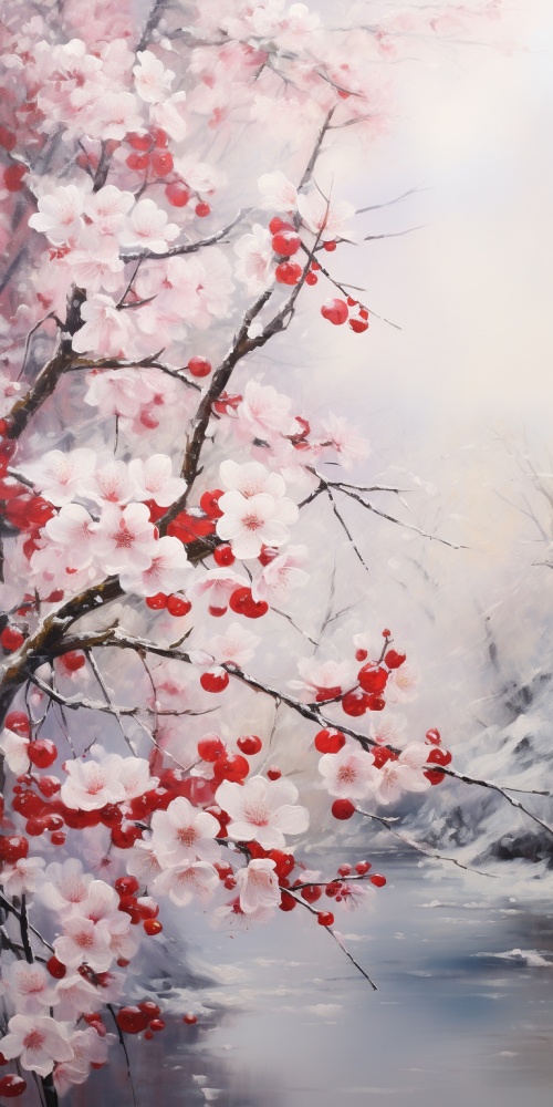漫天飘雪，绚丽的红梅在银白的雪中相映生辉，一树树红梅绽放雪中，如眼都是一片冰雪的童话世界，散发着绚丽的光芒