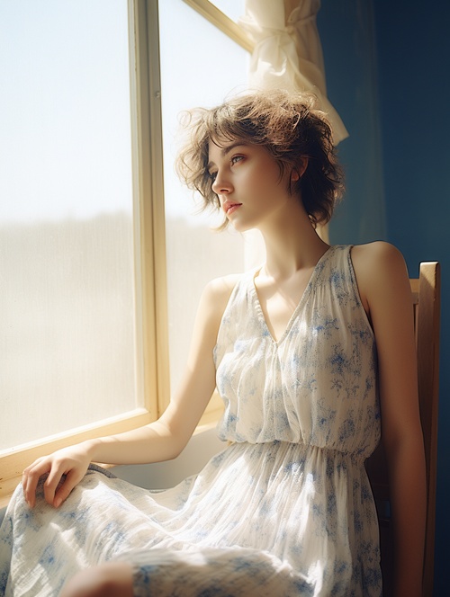 Raw photo of a beautiful slender girl wears summer dress, sit in a chair in front of the window with her feet on the sill, looking out the window, short curved hair, intricate skin texture, side view, blue sky, strong sunshine, dreamy, romantic, light and shadow,white hue