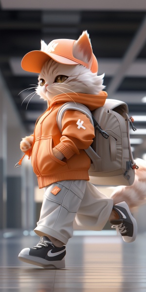 一只Q版橘猫，头上戴着白色棒球帽，上身穿着粉色中式棉服，下身穿着宽腿裤，脚上穿着白色跑鞋，走在下飞机的大厅里，3D，全身像，暖色光，自然光，高清8K