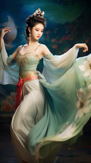敦煌风格汉服美少女跳舞，全身中国配色方案最高质量