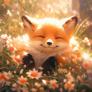 超细节渲染的可爱狐狐与花卉