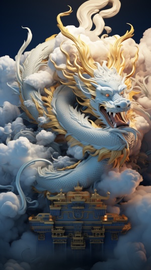 Chinese Dragon in Light Navyblue and Gold Style