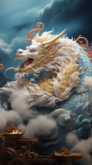Chinese Dragon in Light Navyblue and Gold Style