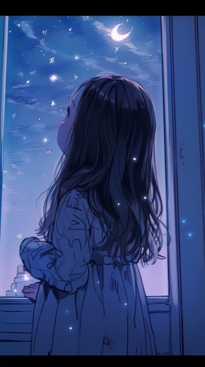 漆黑的月小女孩窗外满天繁星的飞雪