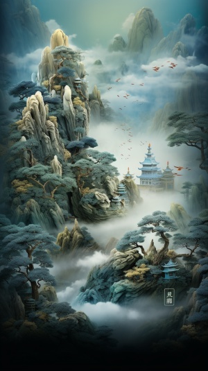 国风古韵，金镶玉之美，蓝绿山水画背景的玉雕熊猫