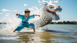 Chinese Dragon and Boy in Tang Dynasty Costume on the Lake