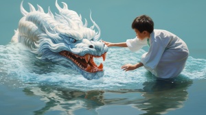 Chinese Dragon and Boy in Tang Dynasty Costume on the Lake