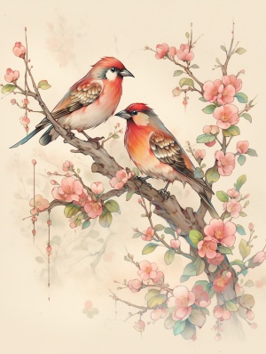 中国风格艺术插画与复古鸟类植物艺术