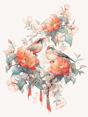 中国风格艺术插画与复古鸟类植物艺术