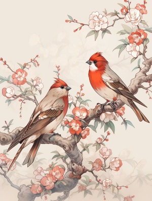 中国风格艺术插画，中国刺绣，中国复古印刷技术，复古风格的鸟类，中国艺术，鸟类艺术，植物艺术