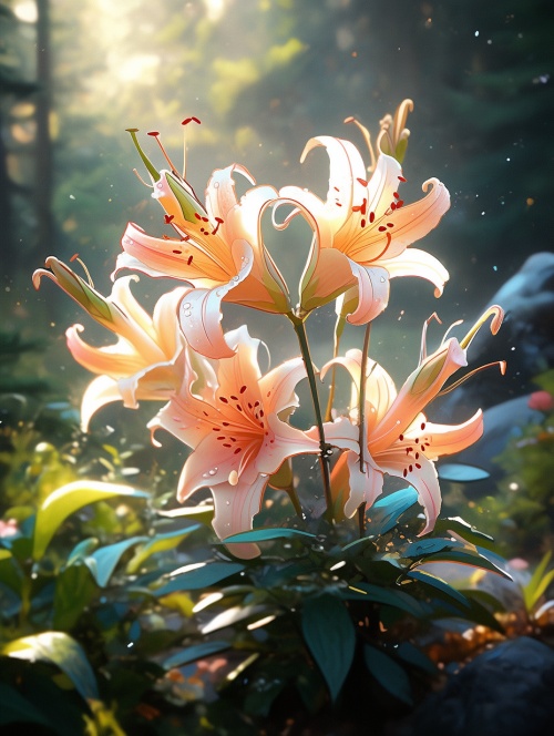 A cluster of futuristic lilies and mushrooms, big andsmall, in the forest, made of jade, glass, film coating,natural light, emitting glow, and macro naturalphotography ar 3:5s 750v 6.0