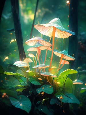 A cluster of futuristic lilies and mushrooms, big andsmall, in the forest, made of jade, glass, film coating,natural light, emitting glow, and macro naturalphotography ar 3:5s 750v 6.0