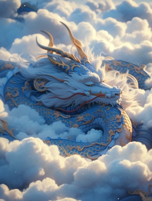 Chinese dragon sleeping on clouds, light navyblue and gold style, translucent textures, zbrush, cosmicart, swirls, anime aesthetics, furry art, elaborate, 3D,C4D rendering, 8K, super high detail ar 6:9