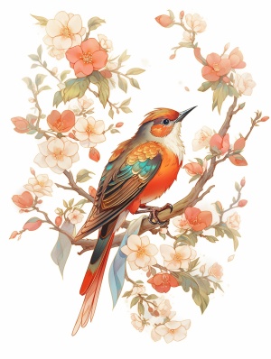 中国风格艺术插画、刺绣和印刷技术的复古鸟类与植物艺术 - 高清32K