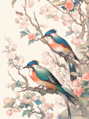 中国风格艺术插画、刺绣和印刷技术的复古鸟类与植物艺术 - 高清32K