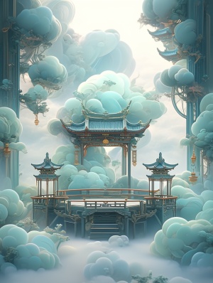 中国玉园蓝绿山水背景的数字艺术