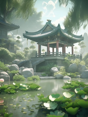 中国玉园蓝绿山水背景的数字艺术