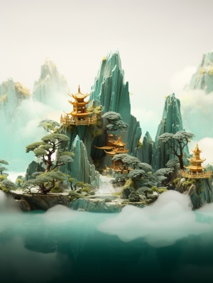 中国玉园，数字艺术风格，浅海蓝宝石和金色