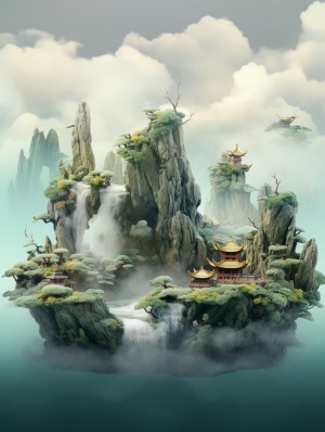 中国玉园，概念数字艺术风格，浅海蓝宝石和金色，微型雕塑，云朵，背景烟雾朦胧，环保工艺，超高细节，高光，3D渲染