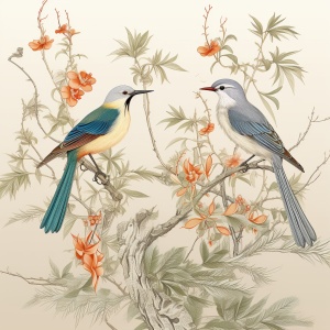 中国风格艺术插画与刺绣：复古鸟类与植物艺术