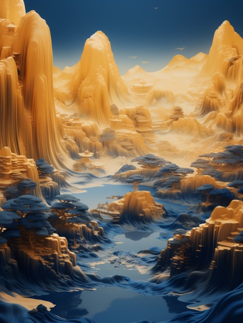 Gold blue mountain 3d illustration, fluid photographystyle, blue gold, gold blue in detail, Wang Ximeng,Northern Song Dynasty, a thousand rivers andmountains, Chinese landscape painting, wide-anglelens, traditional, majestic, enchanting beauty,symbolism, historical significance, cultural heritage