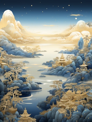 Gold blue mountain 3d illustration, fluid photographystyle, blue gold, gold blue in detail, Wang Ximeng,Northern Song Dynasty, a thousand rivers andmountains, Chinese landscape painting, wide-anglelens, traditional, majestic, enchanting beauty,symbolism, historical significance, cultural heritage