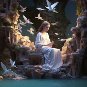 女孩坐在瀑布边上与小鸟共舞的梦幻画面