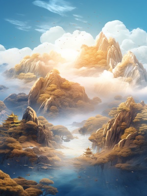 金蓝山景3D插画 — 流体摄影风格的磅礴妖娆之美