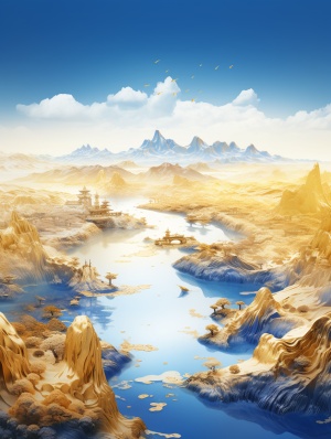 金蓝山景3D插画 — 流体摄影风格的磅礴妖娆之美