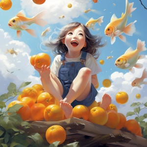 小女孩在橘林中欢乐蹦跳