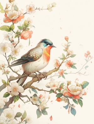 中国风格艺术插画，中国刺绣，中国复古印刷技术，复古风格的鸟类，中国艺术，鸟类艺术，植物艺术