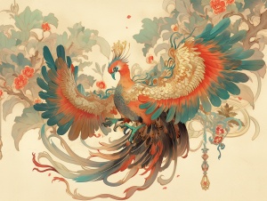 中国风格艺术插画，中国刺绣，中国复古印刷技术，复古风格的凤凰，中国艺术，凤凰艺术，植物艺术