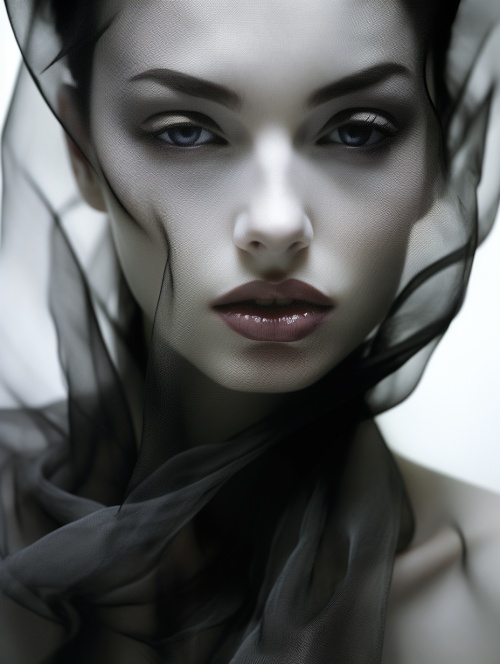 Raw photo of a breathtaking perfect female face, Minimalist, cosmic horror, black and grey, focus on sleek, smooth surfaces, minimalistic elements, translucent layers, dreamy atmosphere, analog photography, Nick Knight, Vogue, Pete Lindbergh, Alberto Monteraz tones, intricate skin texture, iris detail, detailed fabric