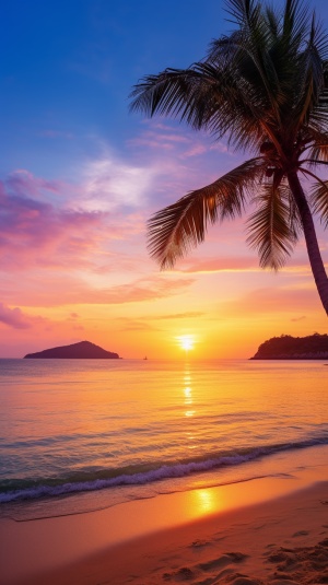 Serene Beach at Sunset with Golden Sand and Solitary Palm Tree