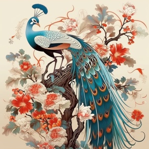 中国风格艺术插画，融合了中国传统文化的元素和当代艺术的表现方式，以独特的线条和色彩运用，展现出中国文化的深厚底蕴和精髓之美通过简洁而富有韵味的表现手法，呈现出宁静、深远、充满哲理的意境。中国刺绣，中国复古印刷技术，复古风格的凤，中国艺术，鸟类艺术，植物艺术绘画风格：动漫-写实