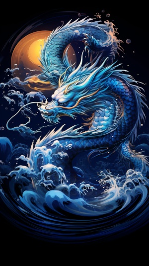 中国风，海水做的中国龙戏水，正对我，身姿挺拔的水龙在海里戏水，如宝石般熠熠生辉。如梦如幻。它的眼睛如蓝宝石般晶莹明亮，散发着智慧的光芒。每一根细节都散发着神秘而强大的气息，它仿佛是大自然的守护者，给人一种宁静和力量的感觉。