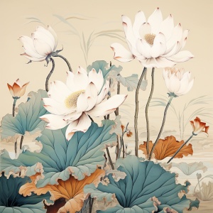 中国风格艺术插画与刺绣，复古印刷技术下的雪莲和植物艺术