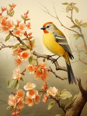 中国风格艺术插画与刺绣的鸟类与植物艺术