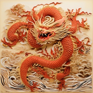 中国龙，纸雕效果，纹理清晰，生动形象，红色，金色