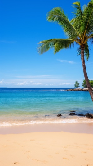 Serene Beach at Sunset with Golden Sand and Solitary Palm Tree