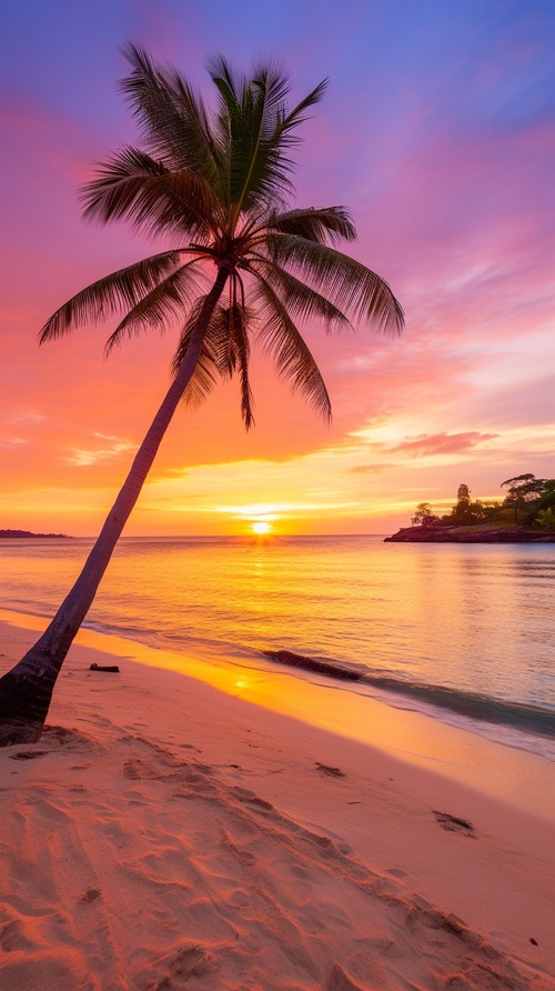 A serene beach at sunset, with golden sand stretching as far as the eye can see, gentle waves crashing onto the shore, a glowing orange sun sinking below the horizon, warm hues of pink and purple filling the sky, a solitary palm tree swaying in the breeze, fine art photography, shot with a wide-angle lens ar 16:9