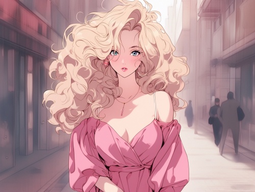 一个美丽的女人，大长卷发，发色米白色，穿着粉色连衣裙，在街道上