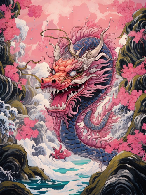 Dragon on pink background, folklore style art, surreal water, vibrant comics, album cover, Chinese punk, realistic details, Indonesian art ar 3:4