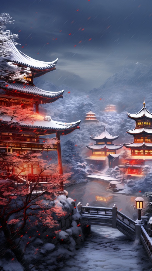 A magnificent Chinese palace covered in a blanket of snow, with delicate icicles hanging from the rooftops, vibrant red lanterns illuminating the scene, serene winter landscape, traditional Chinese architecture, painting ar