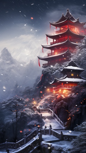 A magnificent Chinese palace covered in a blanket of snow, with delicate icicles hanging from the rooftops, vibrant red lanterns illuminating the scene, serene winter landscape, traditional Chinese architecture, painting ar