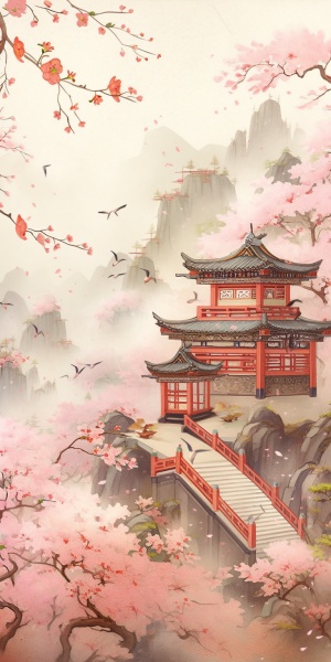 古风桃花林与中国风艺术插画的结合