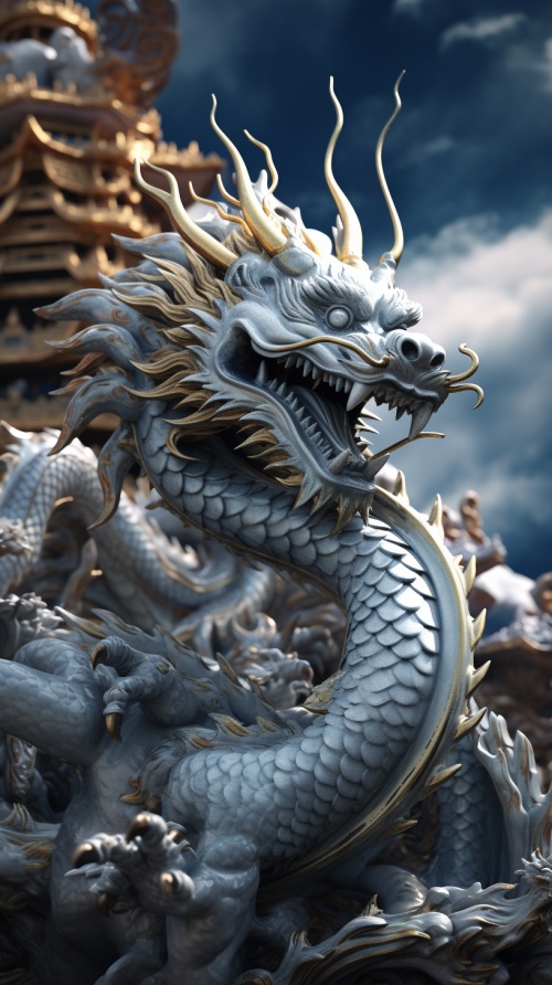 ,Blue and white porcelain dragon,thedragon hovers in the sky,Chinese dragon, Tin foilgold,grand scene,C4D rendering,Surrealism,masterworks, movie lighting, Ultra HD, fine details, colorgrading,32K HD ar 3:4v 6.0