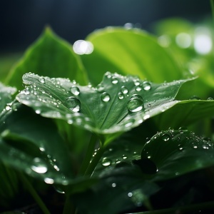 植物上加上水滴，有一种晶莹透亮的感觉，背景以绿色为主，叶脉更清新，达到唯美治愈的效果