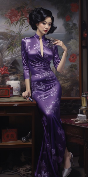 古玩店里，穿着中国旗袍的女子在画案前，旗袍是紫色的花朵图案，立领，八分袖，旁边燃着一柱清香，香烟袅袅，一室寂静